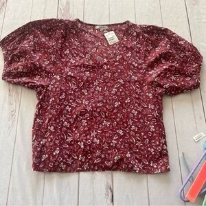 NWT Madewell V Neck Puff Sleeve Batik Vine Weathered Brick Sz M BoHo cottagecore
